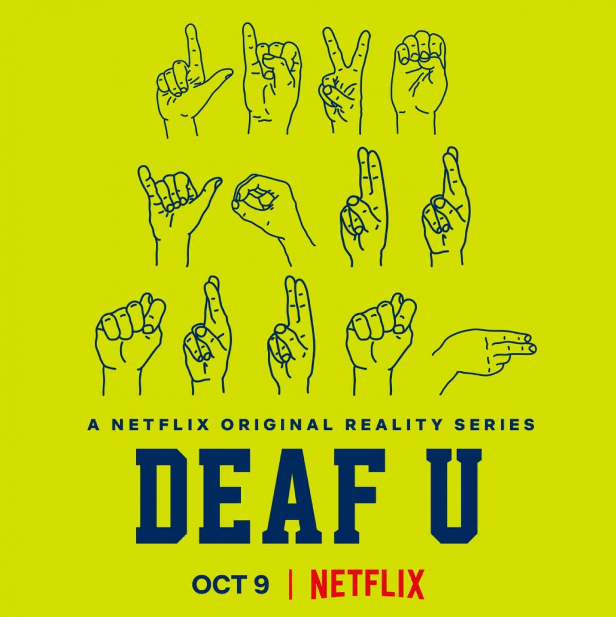 Deaf U Poster in neon yellow with ASL letters spelling "live your truth"
