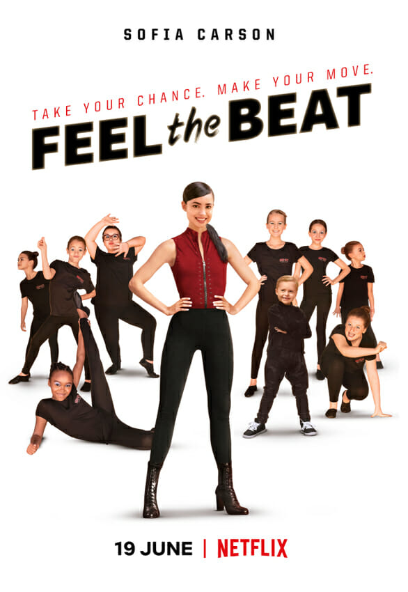 Feel the Beat poster for Netflix with Sofia Carson in the front wearing a red top and black leggings