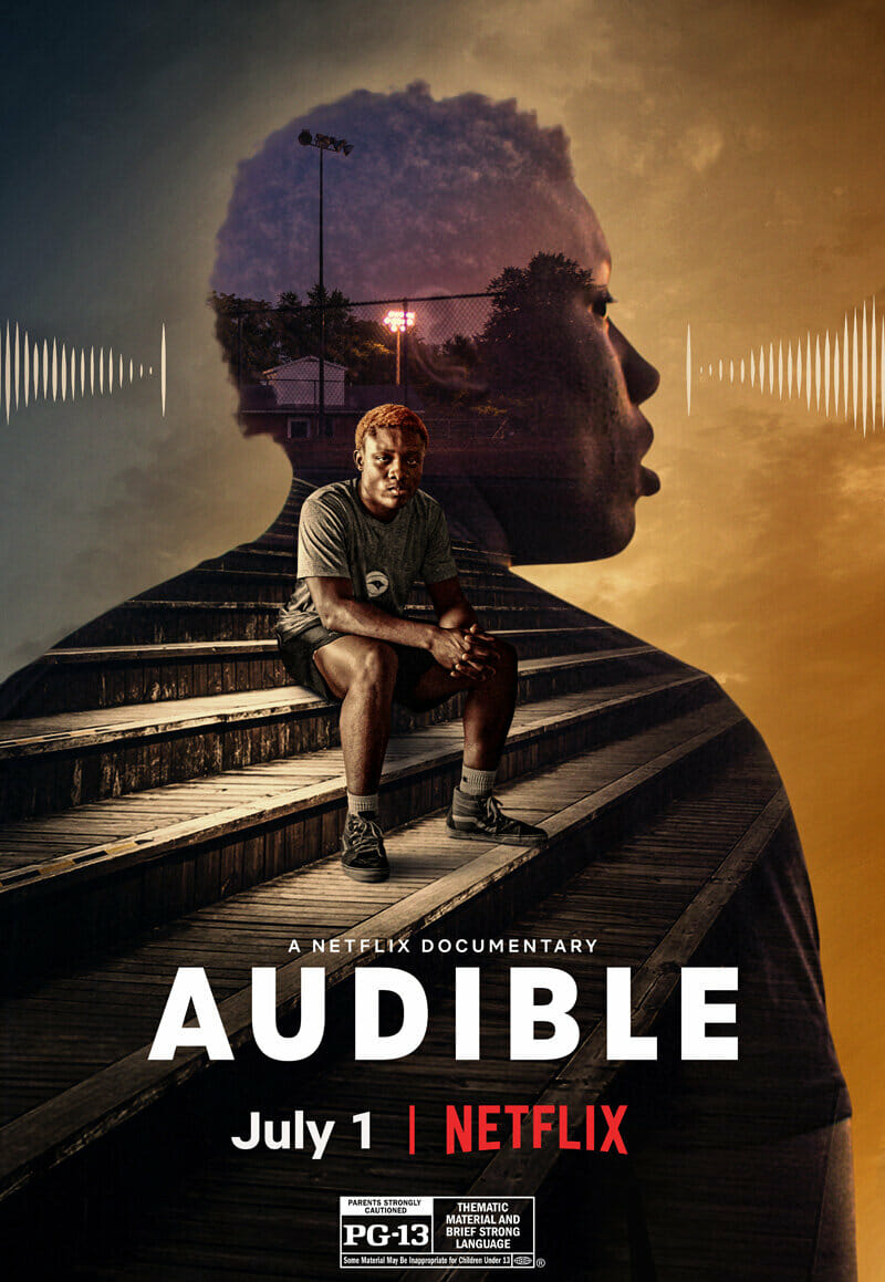 Audible film poster with Amari a black 17 year old student sitting on stairs with text overlay of title and Netflix logo